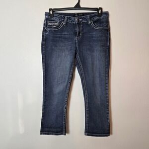 Love Indigo Women Dark Wash Rhinestone Wing Embellished Capri Jeans Size 10
